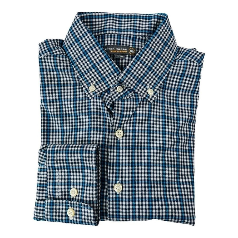 Peter‎ Millar Summer Collection Blue & White Check Nylon Spandex Button Down L